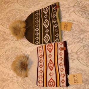 Frye & Co. Woman's Lot Of 2 Fair Isle Whisper White & Burnt Olive Beanies, NWT